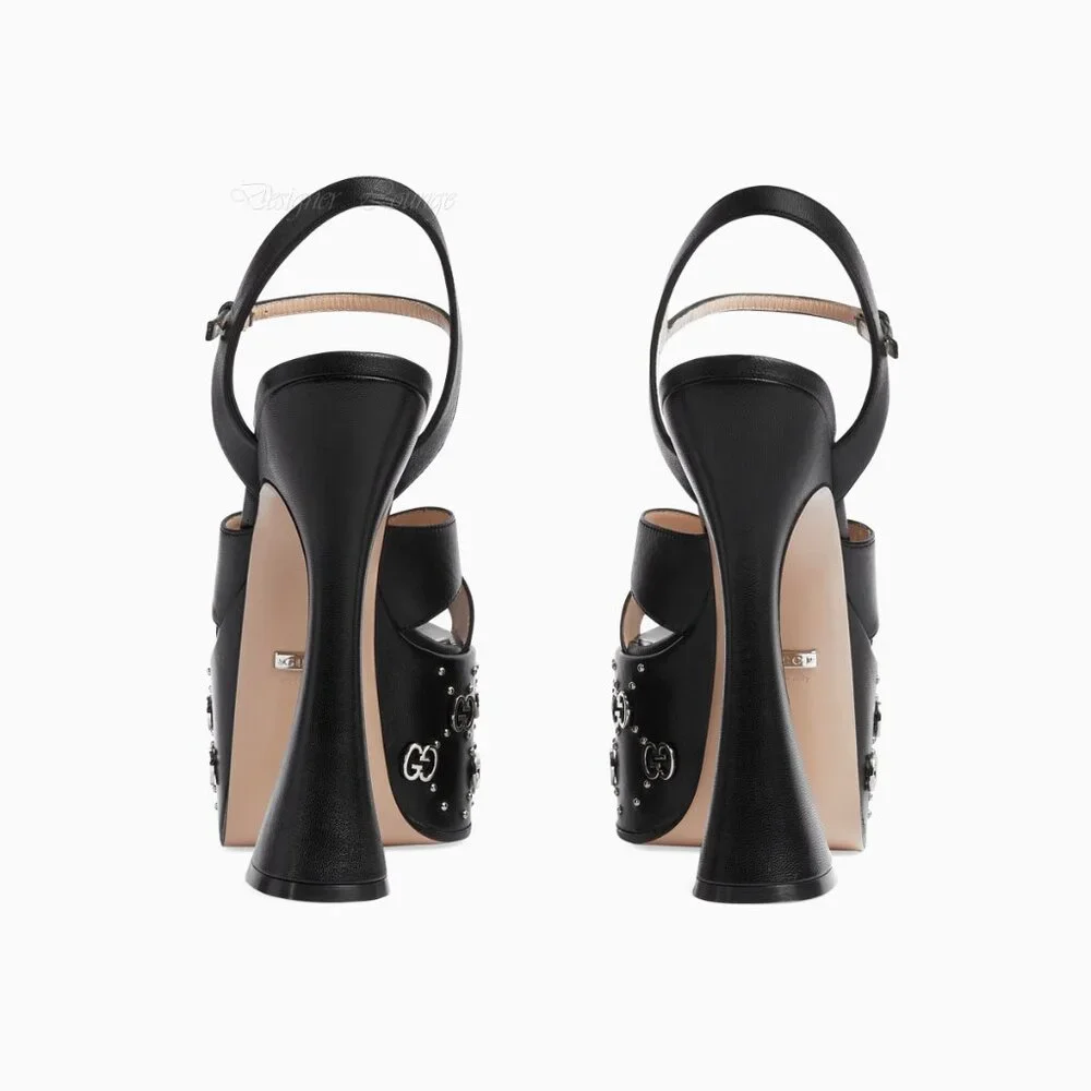 NEW GUCCI Janaya Interlocking G Studs Black Leather Platform Sandals 38.5 US 8.5